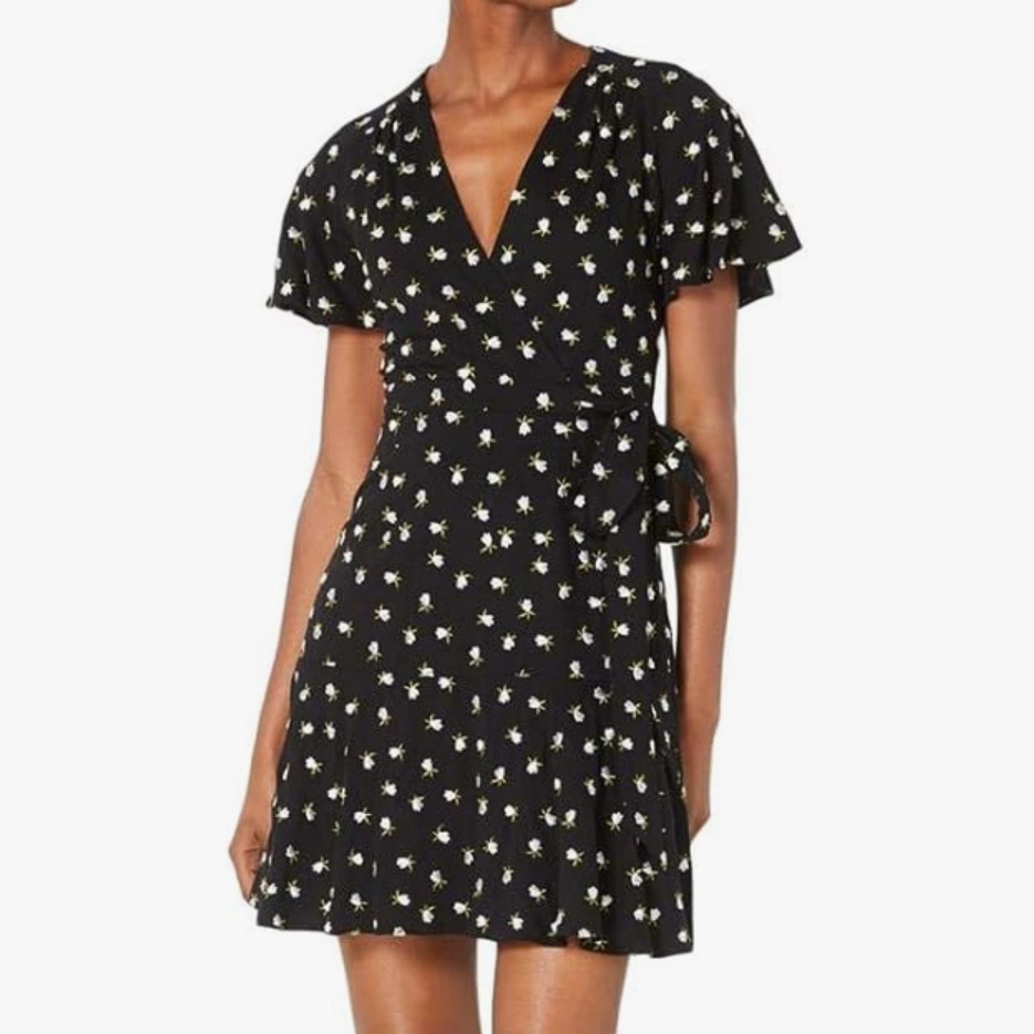 Jill Jill Stuart Floral Embroidered Black Faux Wrap Short Sleeve Dress Sz 12